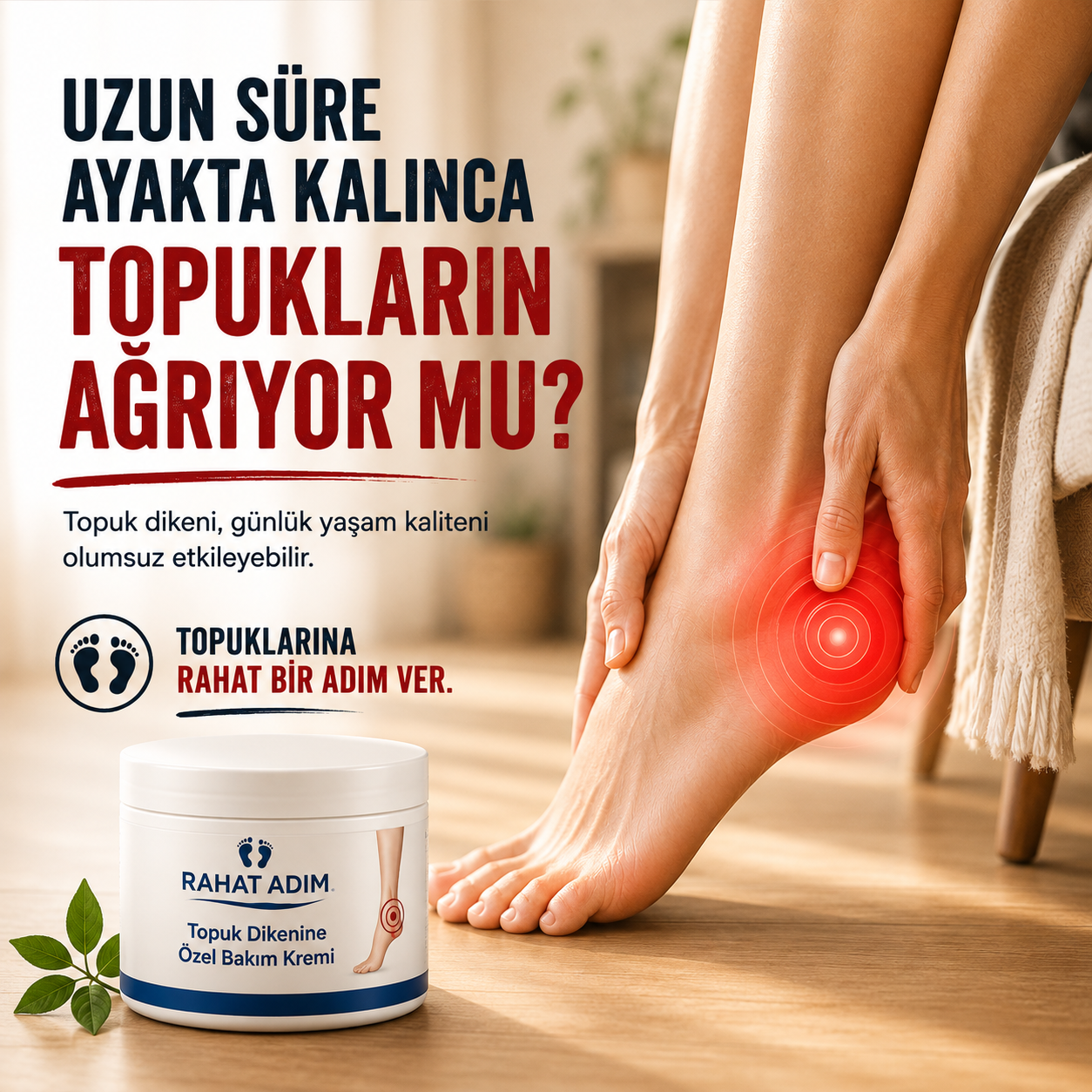 Uzun süre ayakta kalınca topuk rahatsızlığını anlatan Rahat Adım görseli